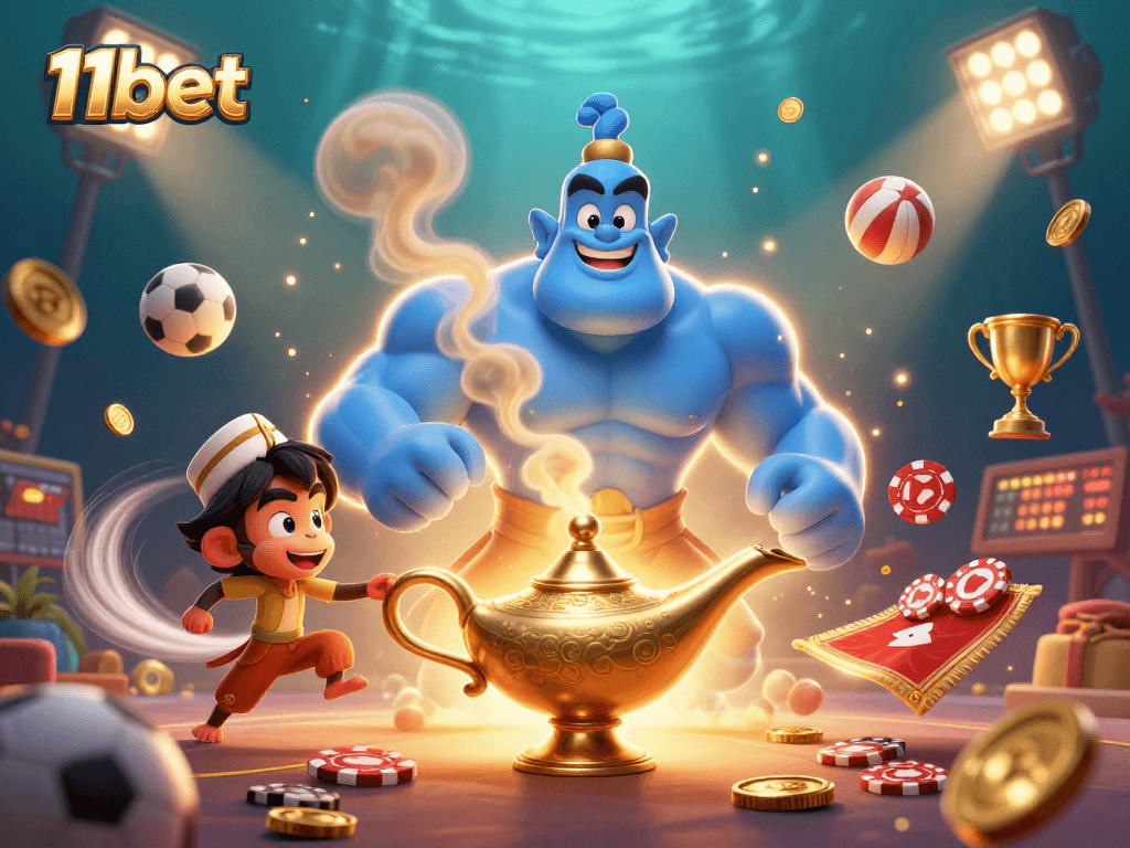 Join the exciting 11bet adventure with vibrant sports balls, a magical genie, and poker chips flying around.