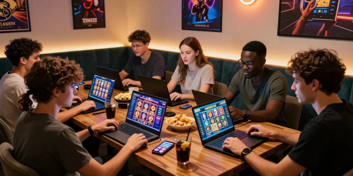 Exciting gaming moment with friends exploring depo pulsa 10k tanpa potongan at a cozy lounge.