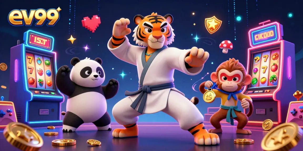 Experience thrilling gameplay at ev99 with a kung fu tiger master and friends in a vibrant, immersive casino scene.