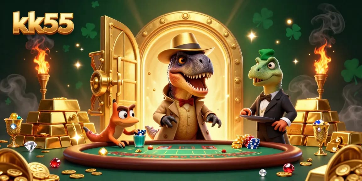 kk55 velociraptor card counter navigating a blackjack table amidst gold treasures and vibrant casino elements