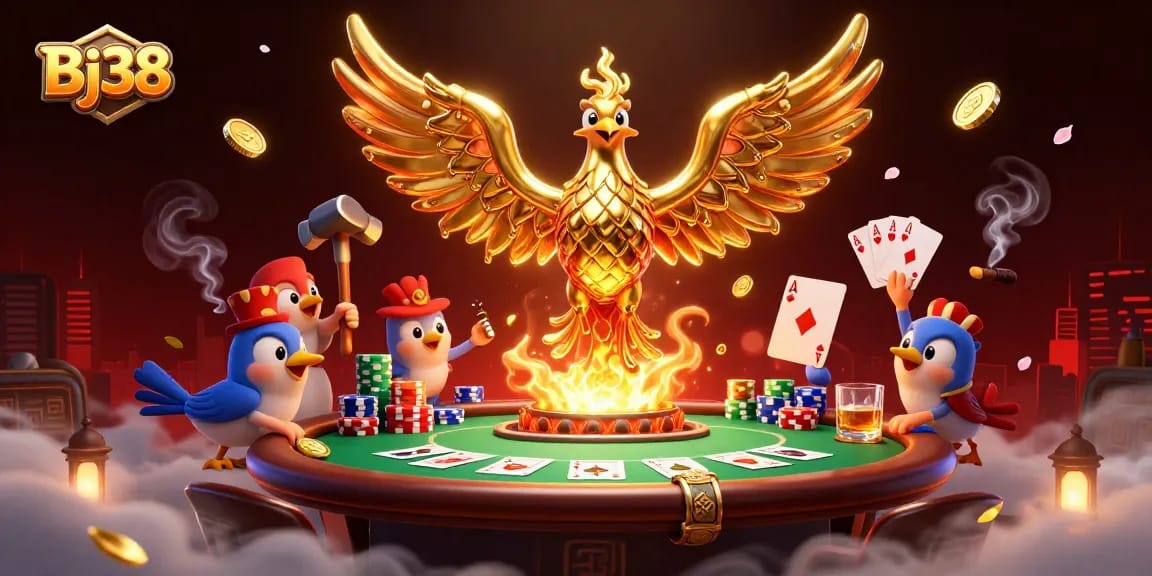 Experience thrilling gaming at Bj38 with a vibrant illustration of a molten phoenix amidst poker elements.