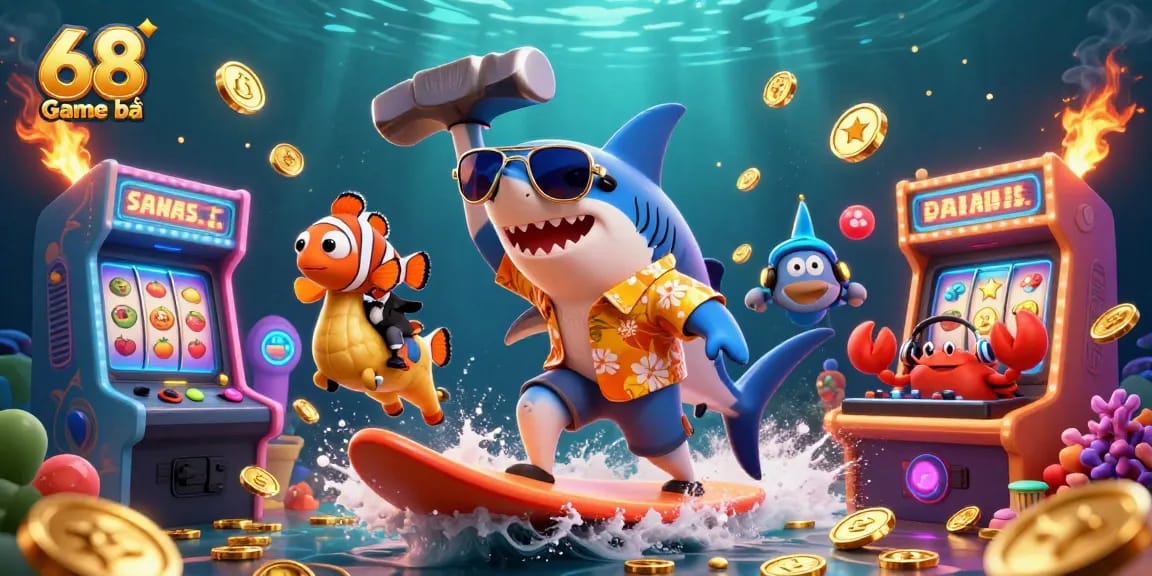 Engage with 68 Game bài's exciting online casino world, featuring characters surfing on gold coins.