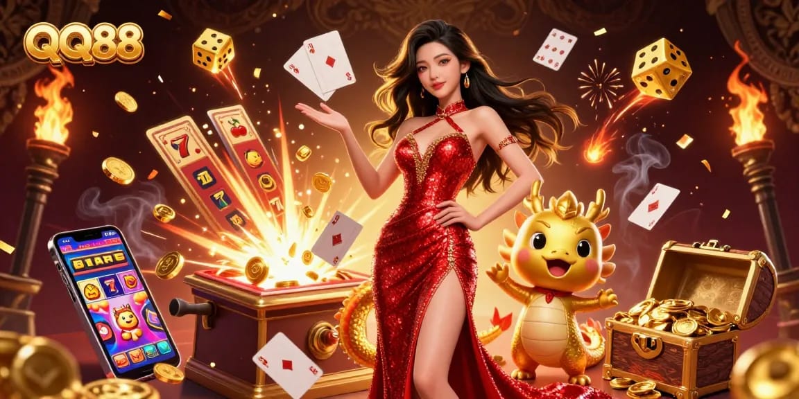 Experience the excitement of QQ88 with vibrant casino elements and a charming golden dragon mascot.