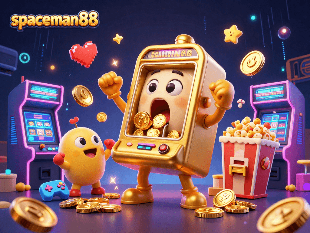 Spaceman88's golden slot machine wins a jackpot amidst cheering baby machines and arcade games.