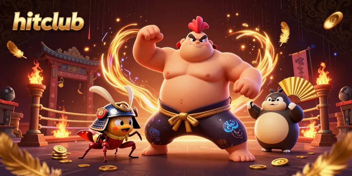 Hitclub showcases a powerful sumo wrestler rooster in a dynamic casino scene with golden coins and vibrant effects.