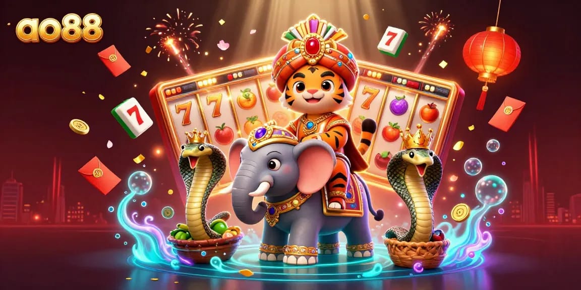 Experience thrill and excitement with ao88's vibrant 3D casino illustration, showcasing a majestic maharaja and slot reels.