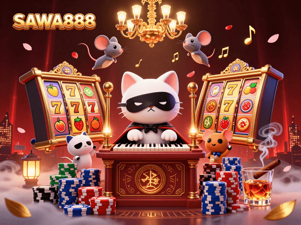 Experience the thrill of SAWA888 with dynamic slot gameplay featuring colorful reels and engaging casino scenes.