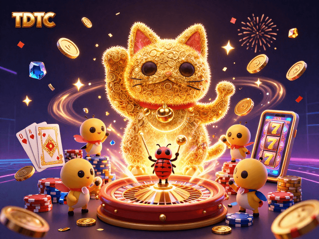 Engage in TDTC gaming with dynamic elements like lucky cat, roulette wheel, and vibrant confetti.