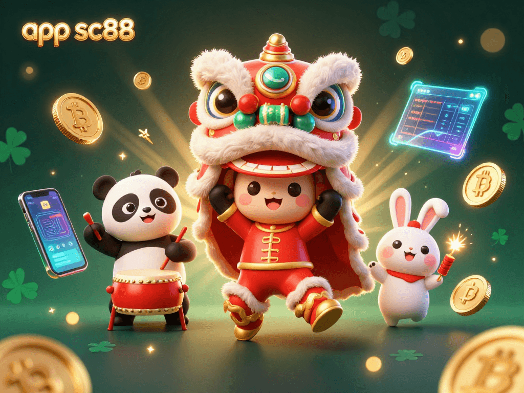 Play app sc88 with this vibrant 3D illustration featuring lucky charms and crypto elements.