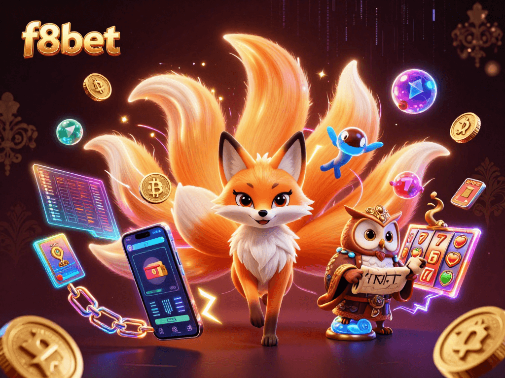 Experience the excitement of f8bet with a vibrant slot scene featuring animated characters and crypto elements.