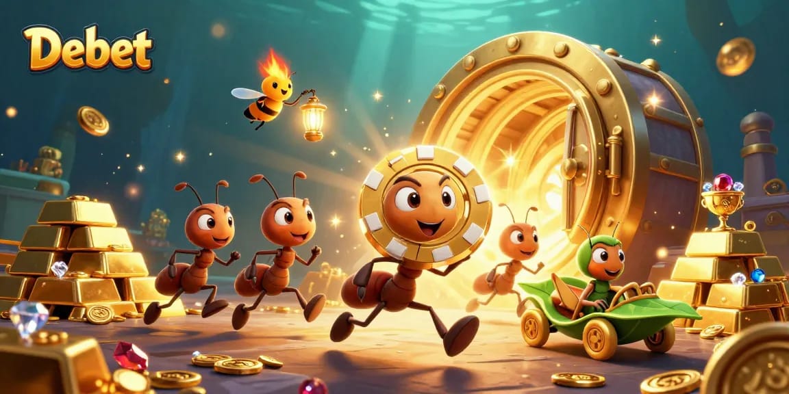 Ants carrying a golden poker chip at Debet casino under a treasure vault bursting with gold.