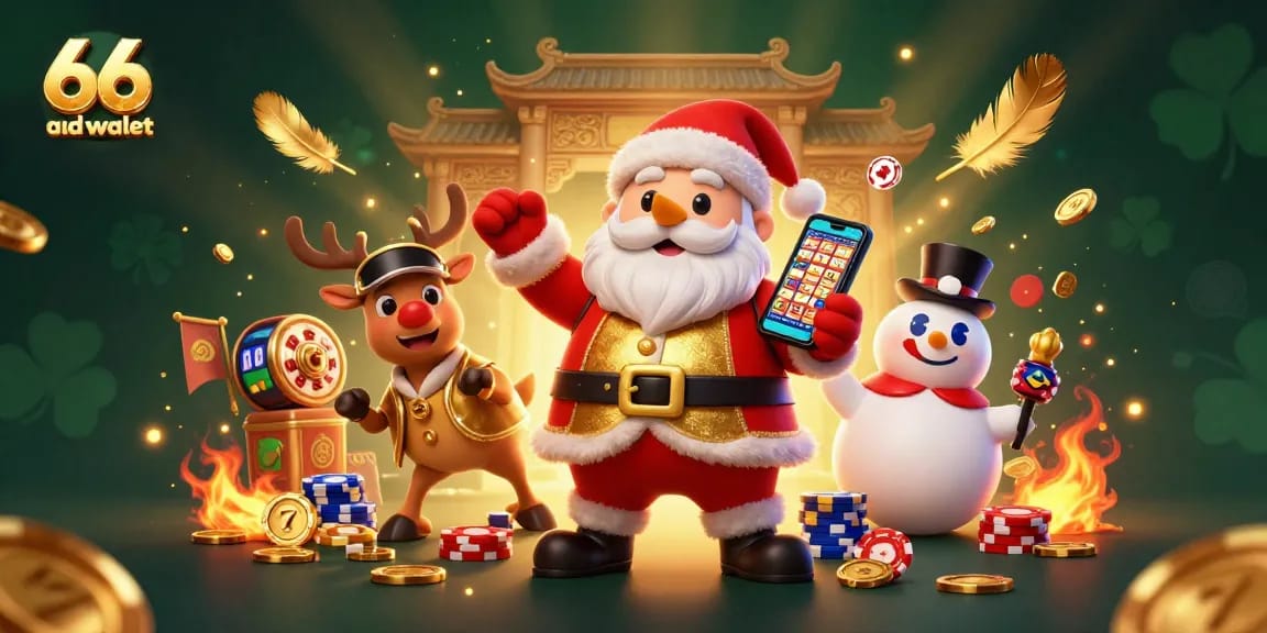 Engage with 66 aud e wallet in a festive casino scene featuring Santa and friends around jackpot slots.