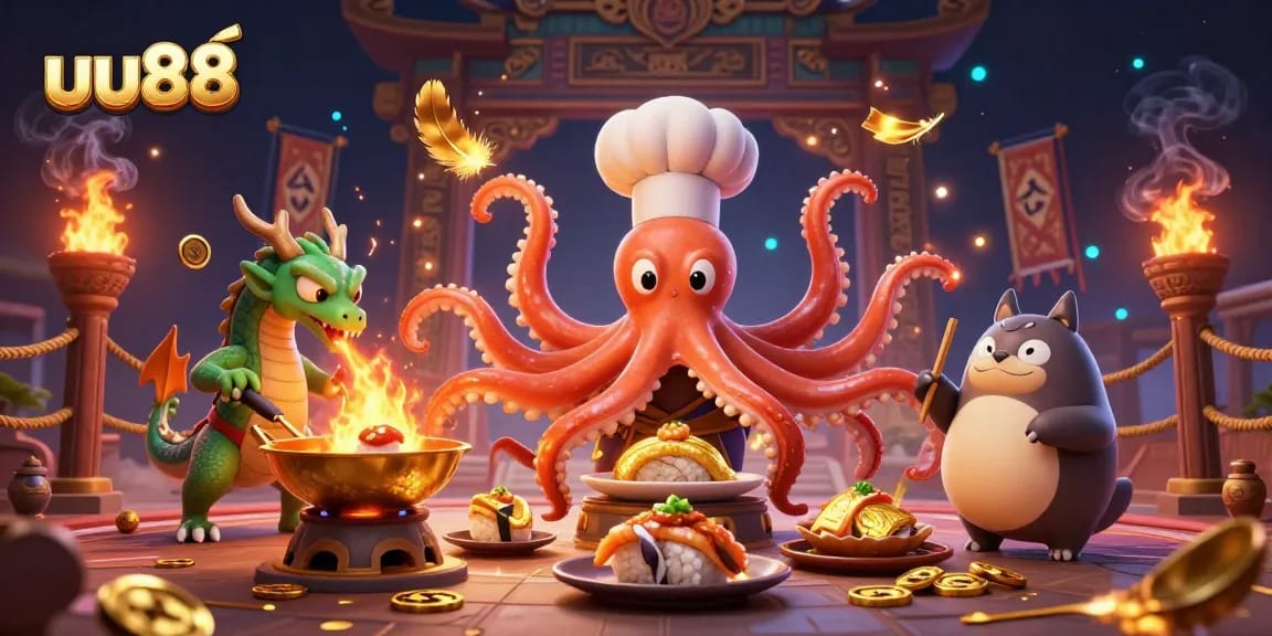 uu88 offers thrilling casino experiences with a lively illustration featuring characters in action.