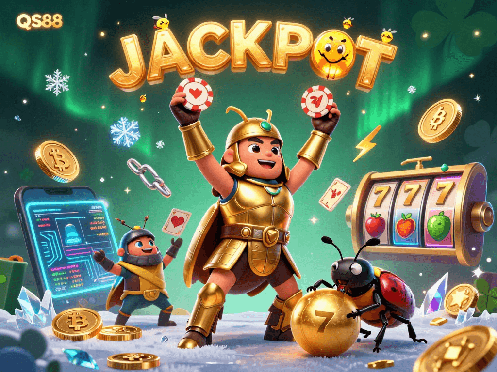Win big with QS88 in this vibrant, action-packed casino-themed illustration featuring a holographic jackpot!