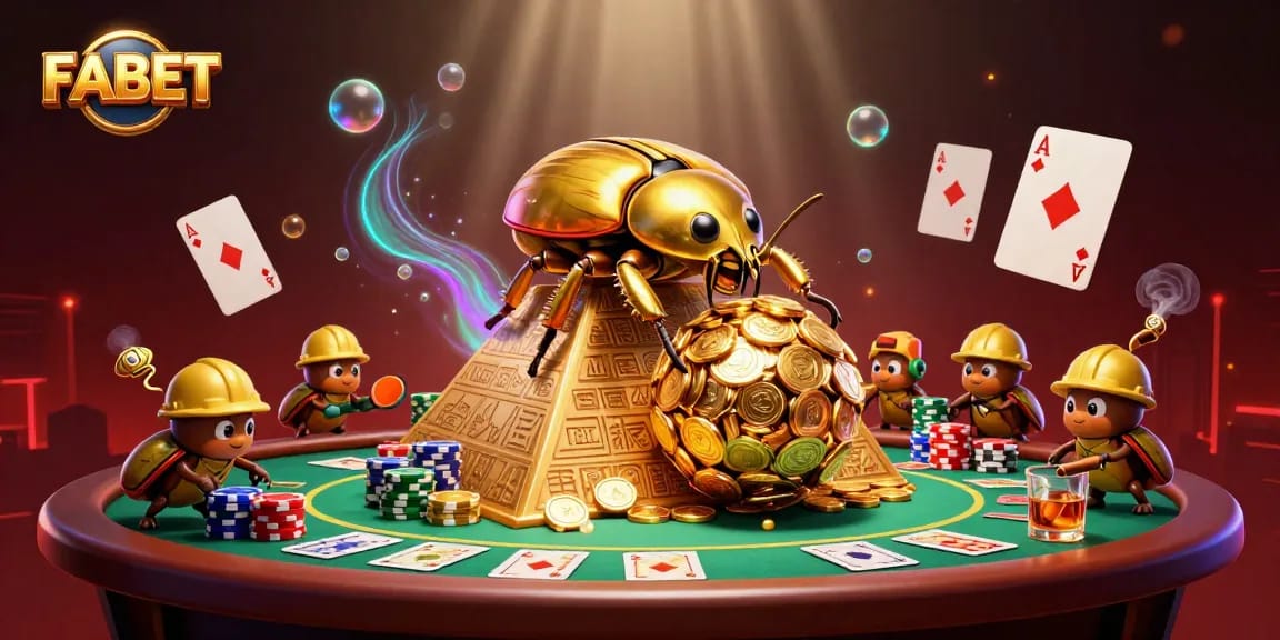 Experience FABET with golden coins and card action in an immersive casino illustration.