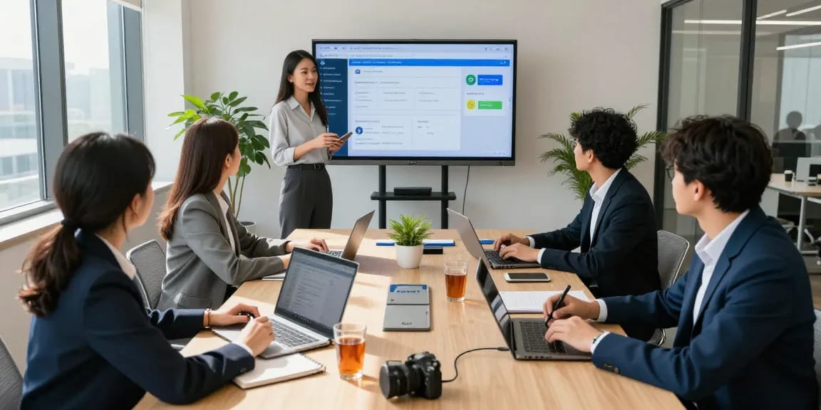 Team discussing remote call control solutions in a modern office setting, showcasing collaboration and technology in 2026.