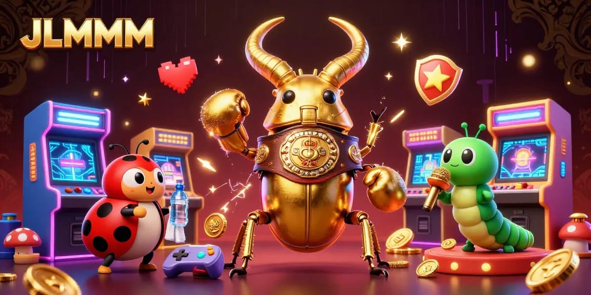 JLMMM showcases a vibrant 3D casino scene with a giant beetle and engaging game elements.
