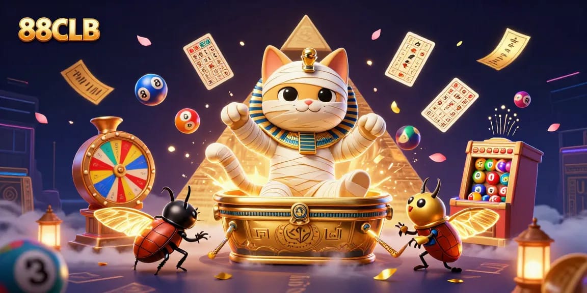 Experience excitement with 88CLB's vibrant gaming scene featuring an Egyptian mummy cat and thrilling elements