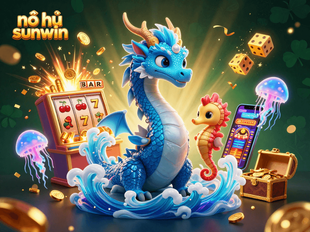 Experience the excitement of nổ hũ sunwin with a vibrant 3D slots illustration featuring dragons and jackpots.
