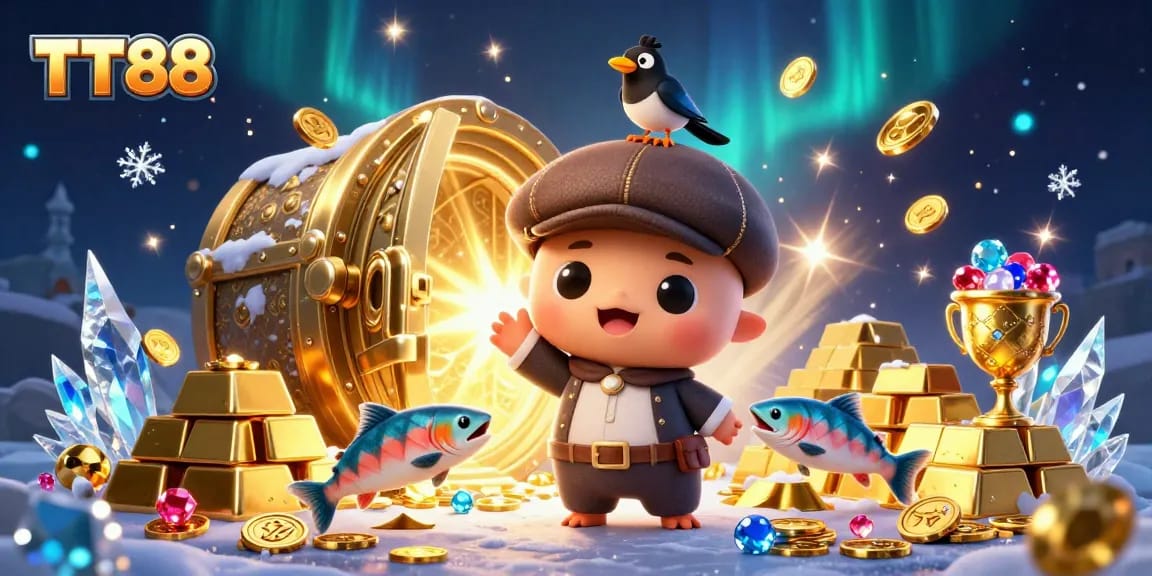 Engage with TT88's vibrant gaming ambiance through a playful illustration of gambling treasures and fun characters.