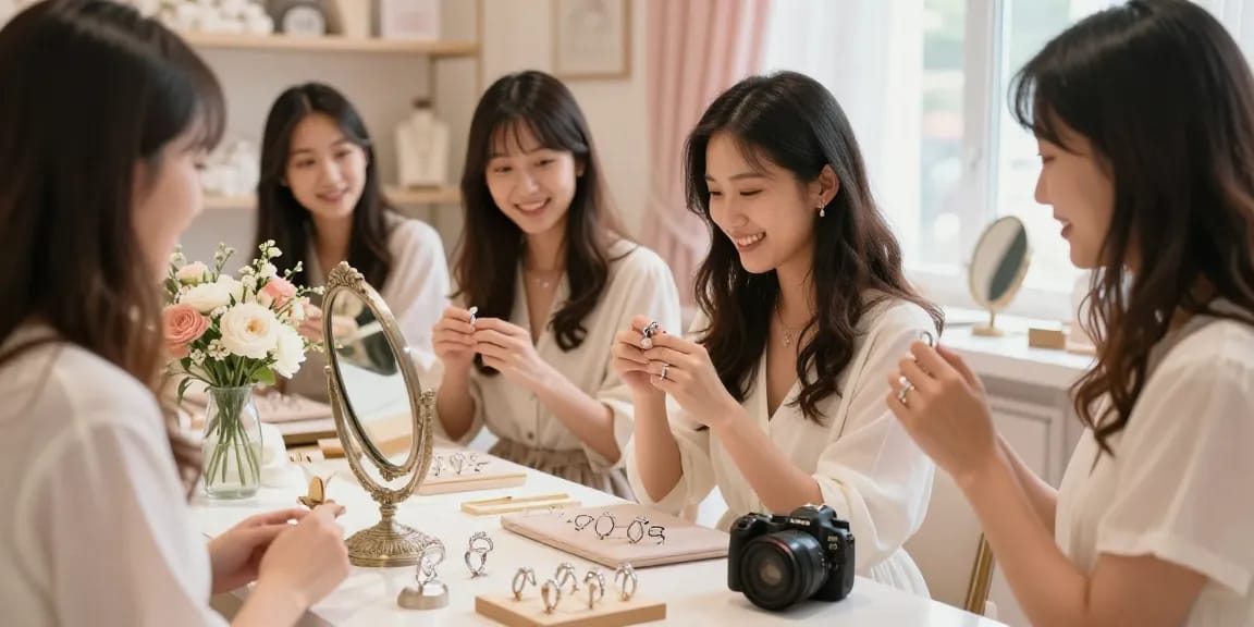 Woman trying on wedding rings for women in bridal boutique, surrounded by friends.