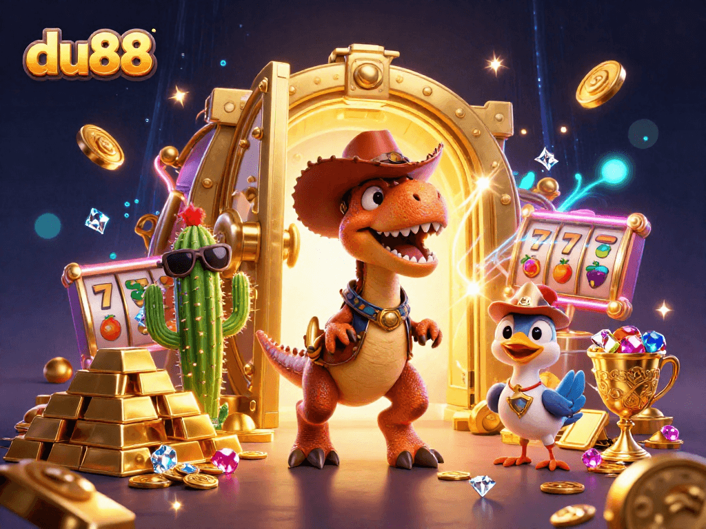 Join the adventure with du88's cowboy T-Rex, cacti, and gems in a vibrant 3D casino scene.