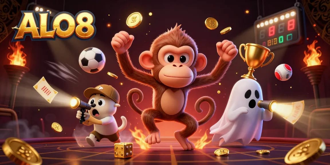 Engage with ALO8's thrilling gambling experience featuring a playful poltergeist monkey juggling golden casino items.