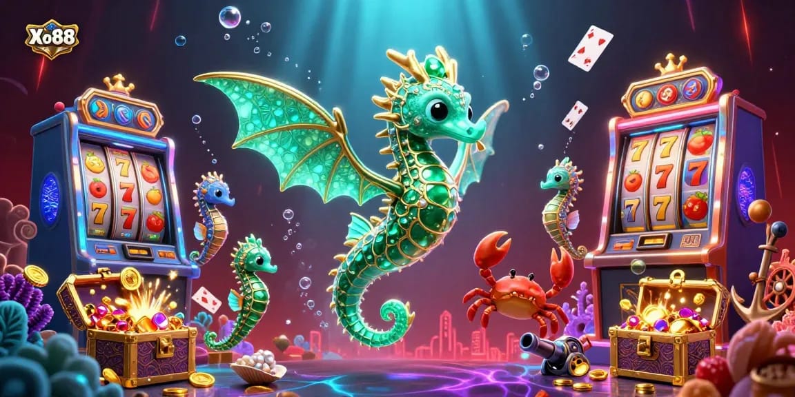 Xo88 offers thrilling slot experiences with emerald sea dragon and vibrant casino elements.