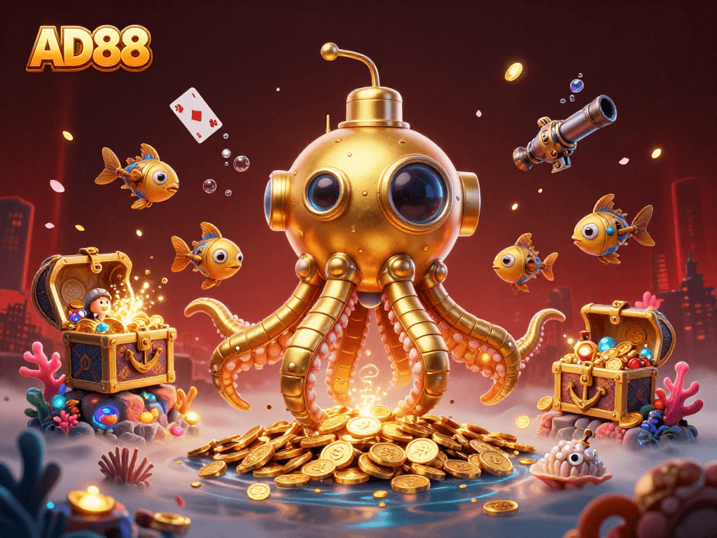 Catch the excitement at AD88 with a vibrant, colorful 3D casino-themed illustration featuring a kraken submarine.