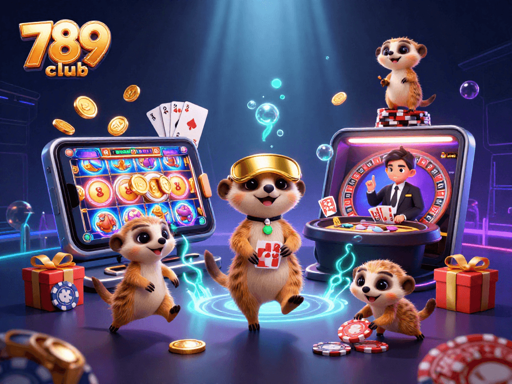 Experience thrilling moments with 789 club in this exciting meerkat casino illustration.