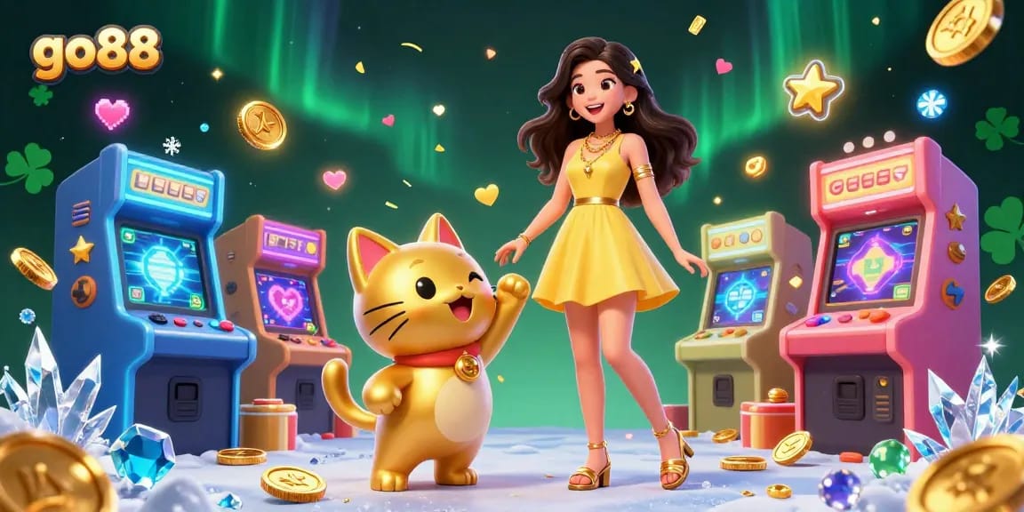 Engage in go88's vibrant casino experience with a joyful character and a lucky cat mascot.