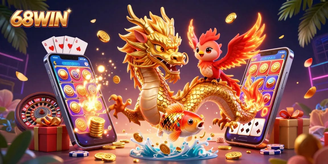 Engage with thrilling 68WIN casino adventures featuring a golden dragon, phoenix, and koi fish amidst dynamic gaming elements.