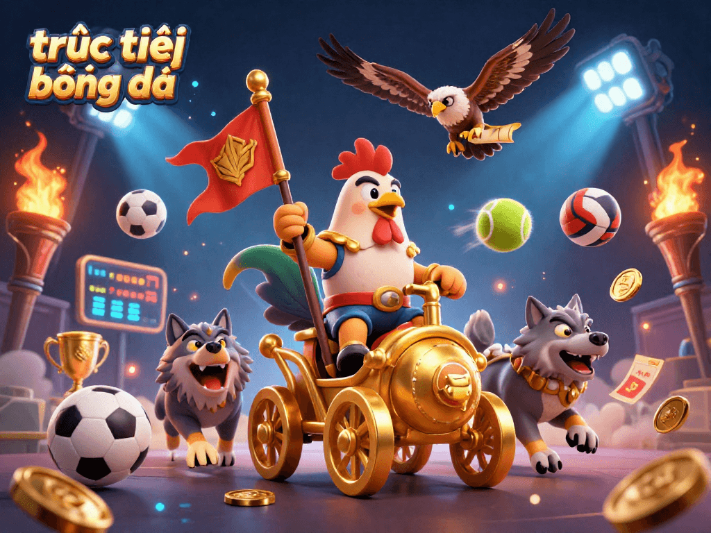 Experience trực tiếp bóng đá with dynamic sports elements, as a rooster warlord leads the game.