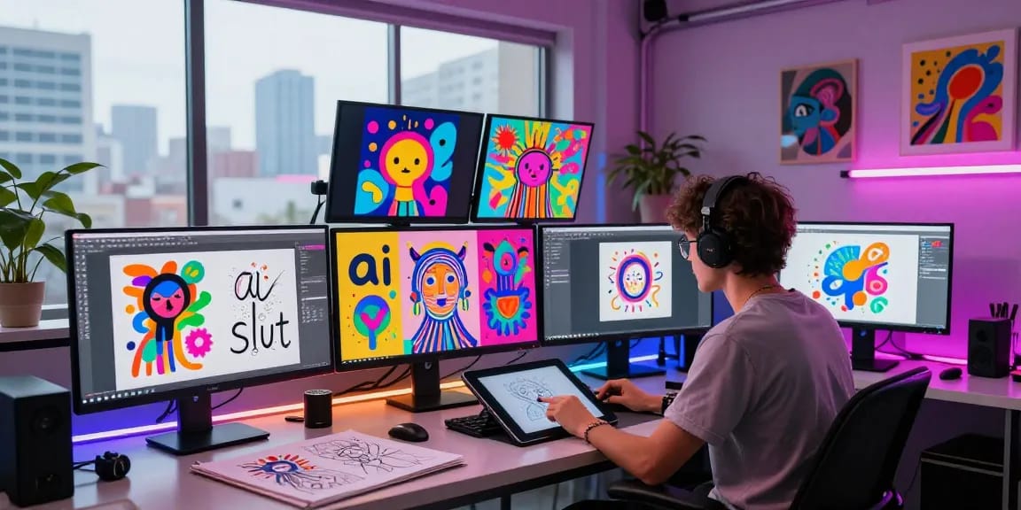 Artistic representation of AI-generated images featuring ai slut in a vibrant creative studio.