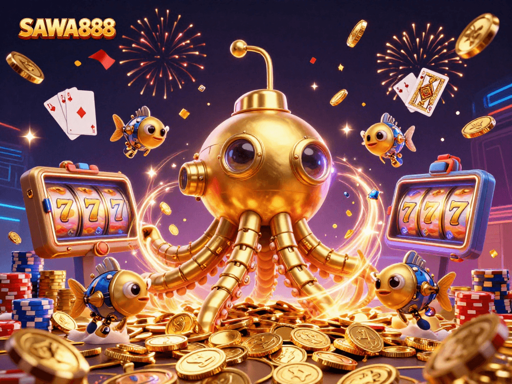 SAWA888's golden kraken submarine navigates through a treasure of coins, enhancing your gaming experience.