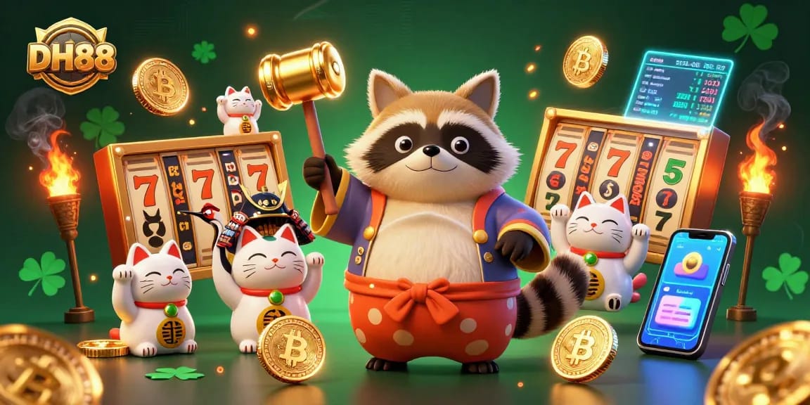 Experience thrilling slot gameplay at DH88 with a vibrant 3D illustration featuring lucky symbols.