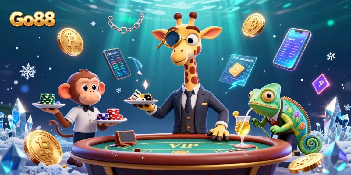 Win big at Go88 with thrilling casino adventures featuring a giraffe, monkey, and chameleon in action.