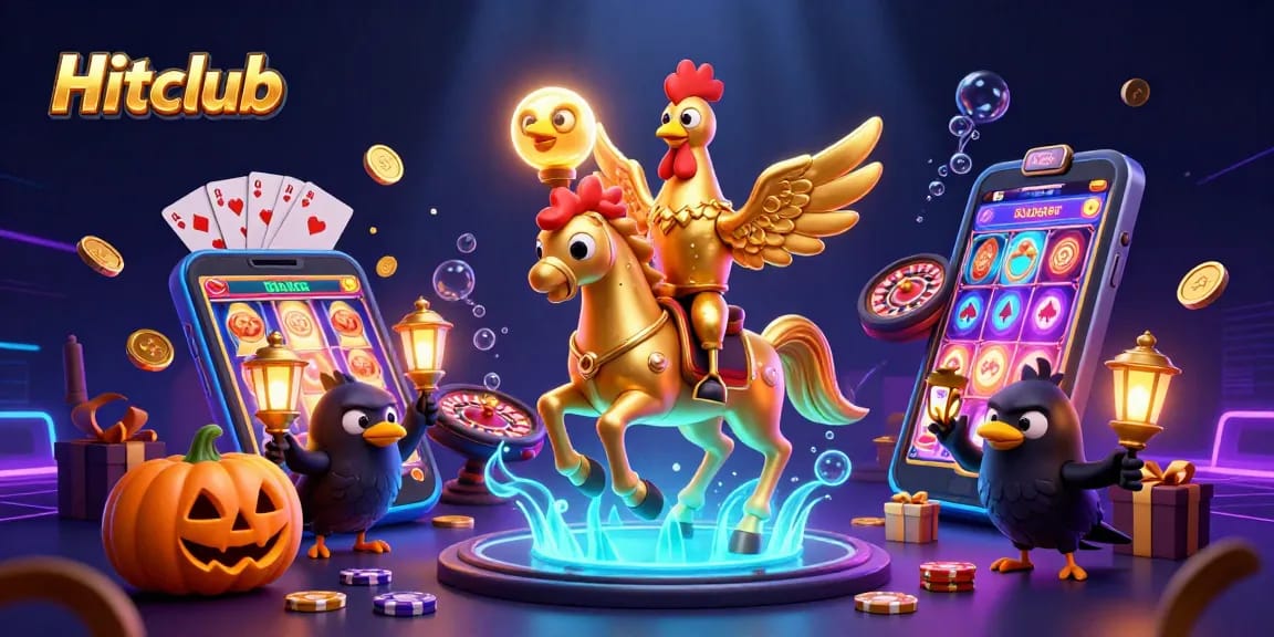 Hitclub dazzles with a golden rooster riding a spectral horse amidst a thrilling casino scene.
