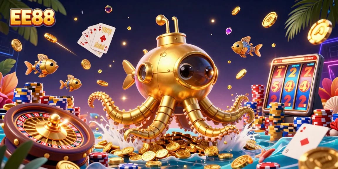 Join the thrilling adventure of EE88's golden kraken submarine and mechanical fish in a vibrant casino scene.