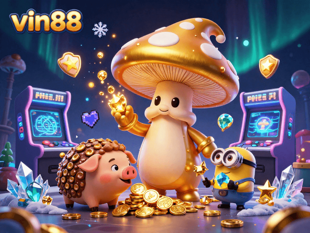 Experience the magic of vin88 with a vibrant gaming scene filled with enchanting characters, gold coins, and retro arcade machines.