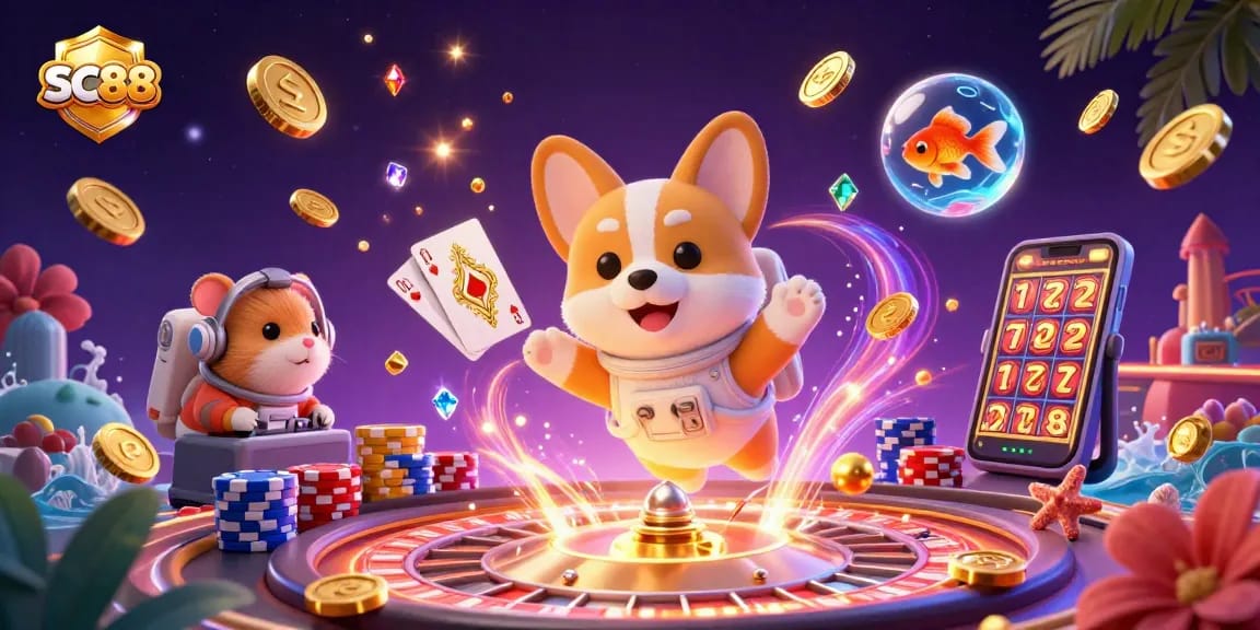 Engage with SC88 in an exciting casino scene featuring floating elements, vibrant lights, and immersive gameplay.