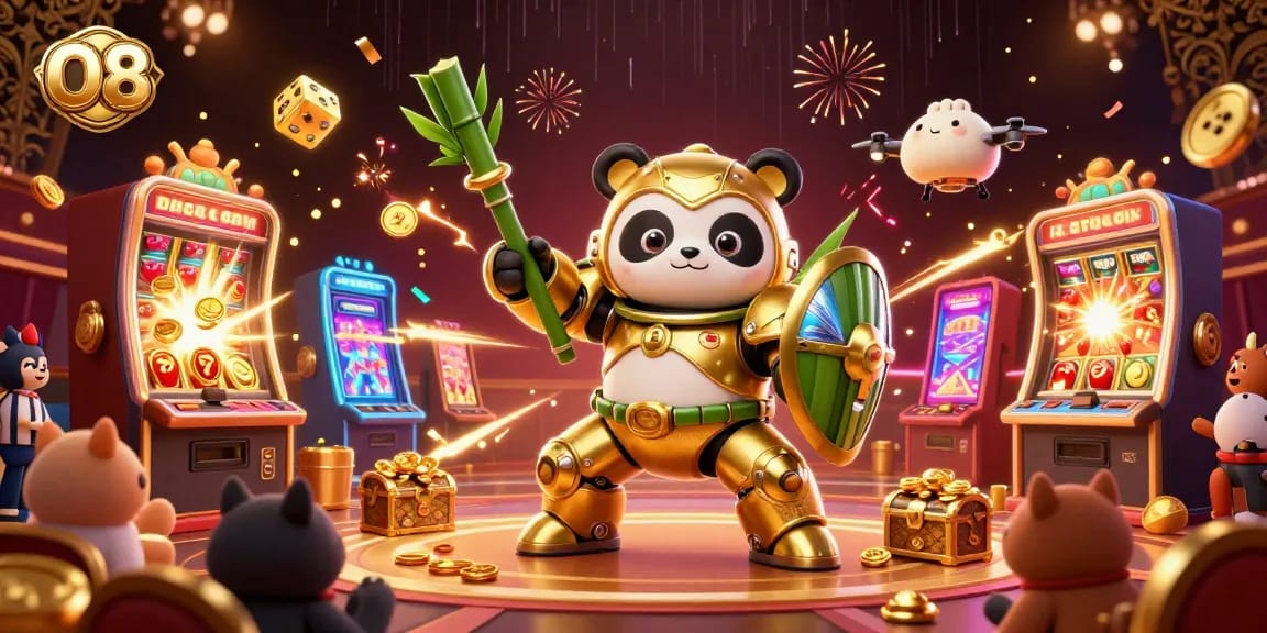 Experience the thrilling excitement of O8 with a vibrant casino-themed illustration showcasing golden panda characters and jackpot symbols.