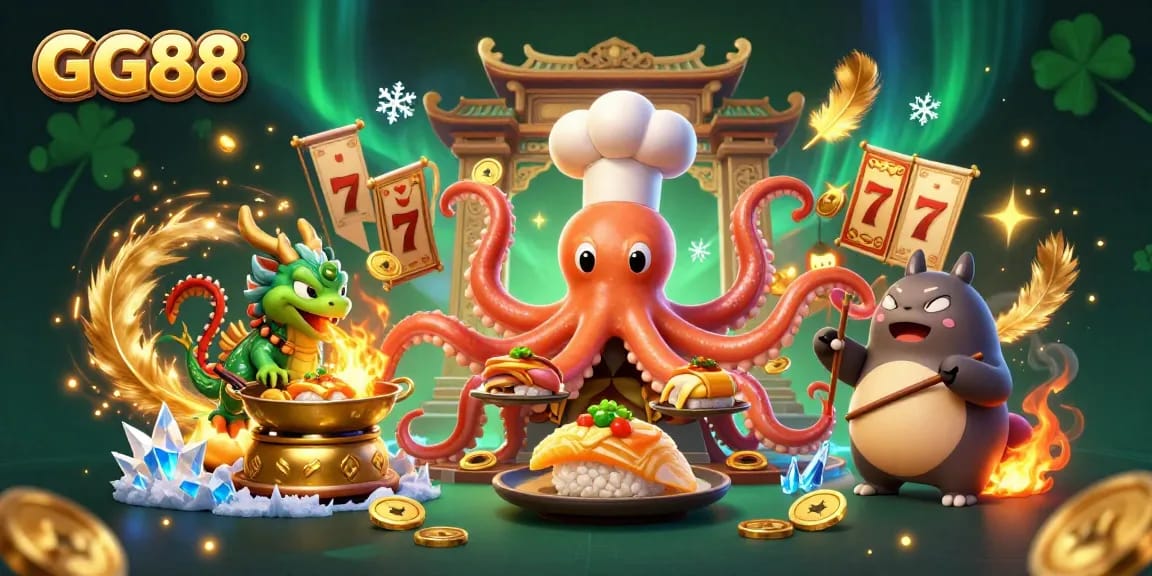 Experience the excitement of GG88 with vibrant gaming elements, featuring an octopus chef in action.