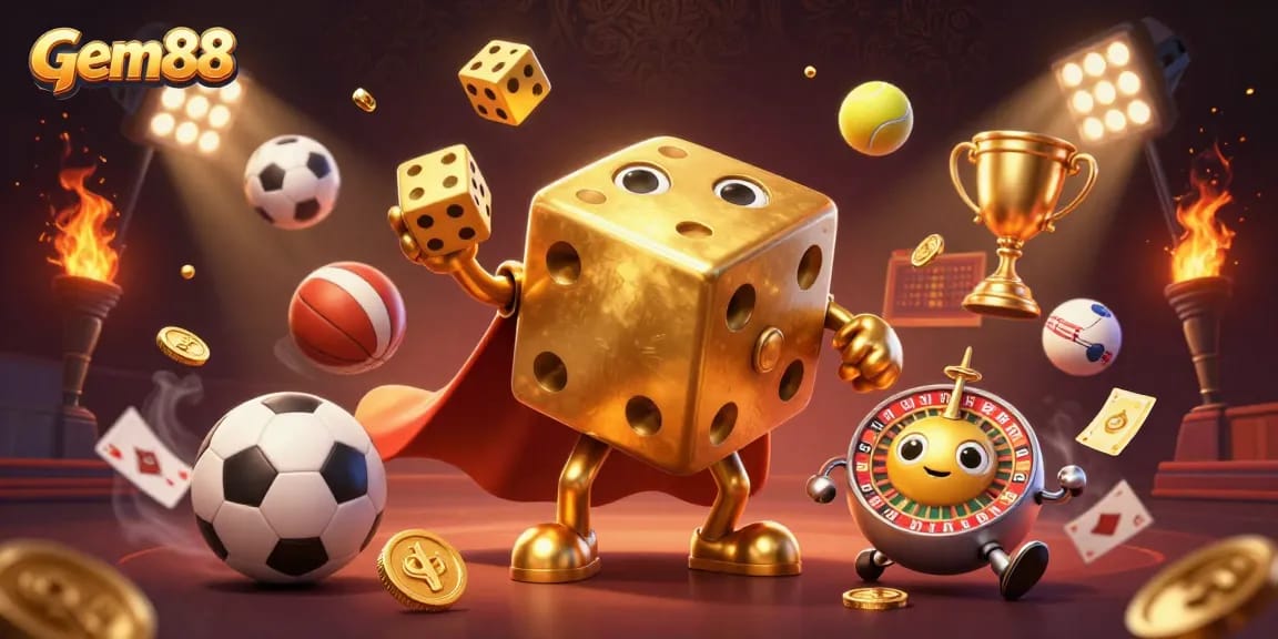 Experience gamified excitement with gem88’s vibrant casino-themed 3D illustration featuring dynamic characters and elements.
