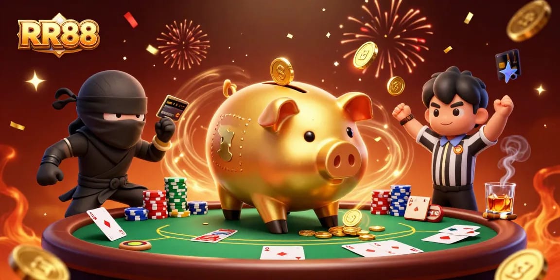 Experience thrilling casino action at RR88 with a golden piggy bank sumo wrestler amidst dynamic poker gameplay.