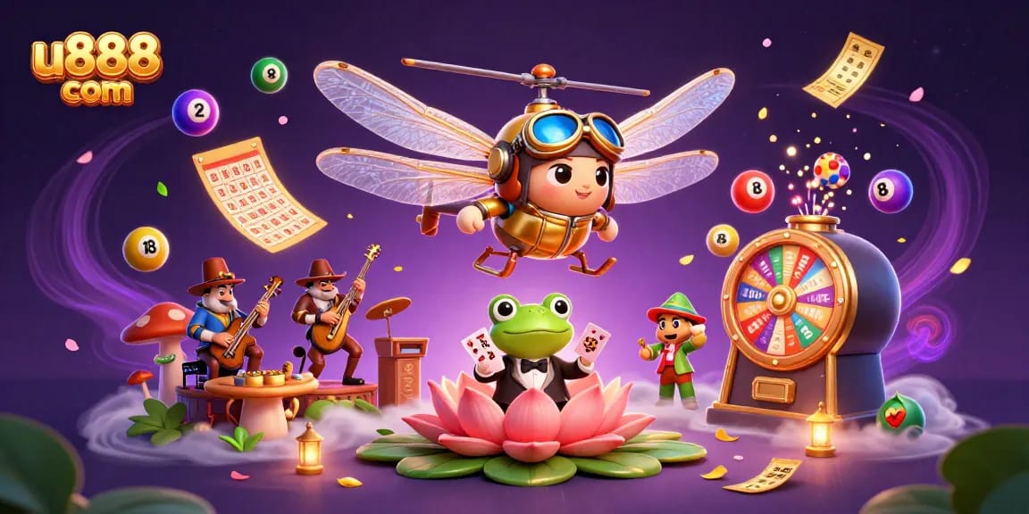 Experience thrilling action at u888 com with a vibrant casino scene featuring a dragonfly pilot and jazz musicians.