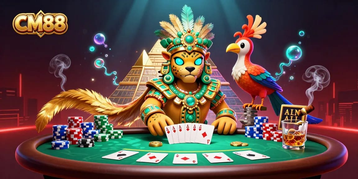 Experience thrilling gameplay at CM88 with iconic poker elements and vibrant casino artwork.