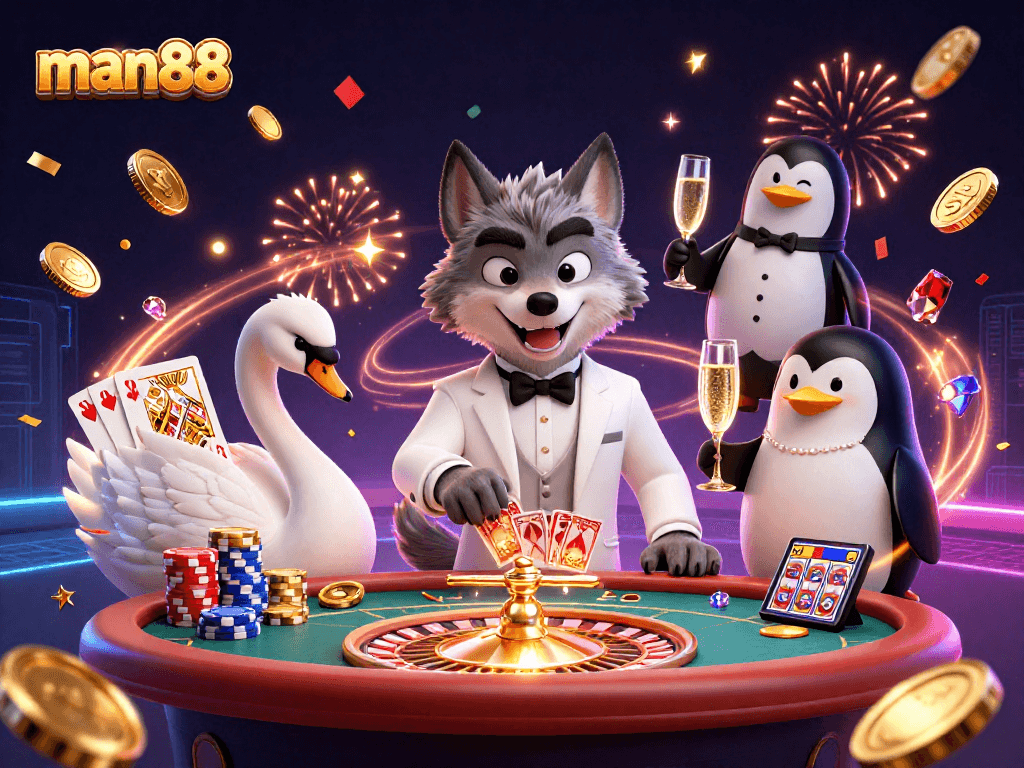Experience thrilling casino action with man88, featuring a debonair wolf at baccarat, an elegant swan, and a sophisticated penguin.