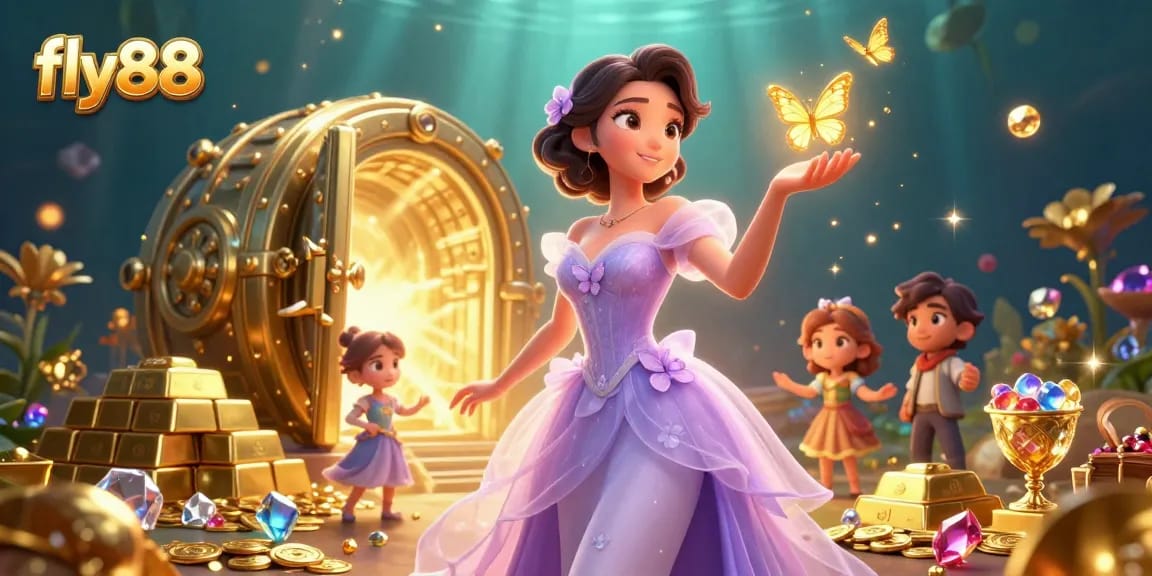 Experience remarkable wins with fly88's enchanting casino offerings, featuring vibrant scenes of gold and treasures.