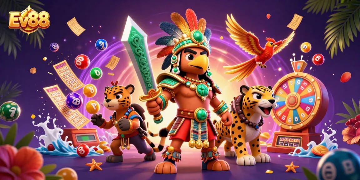 Experience thrilling games at Ev88 with vibrant lottery elements and dynamic casino characters.